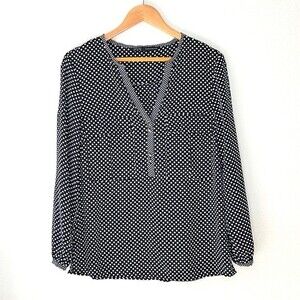 ZARA BASIC Black White Polka Dot V-neck Long Sleeve Blouse sz M Buttons Pockets